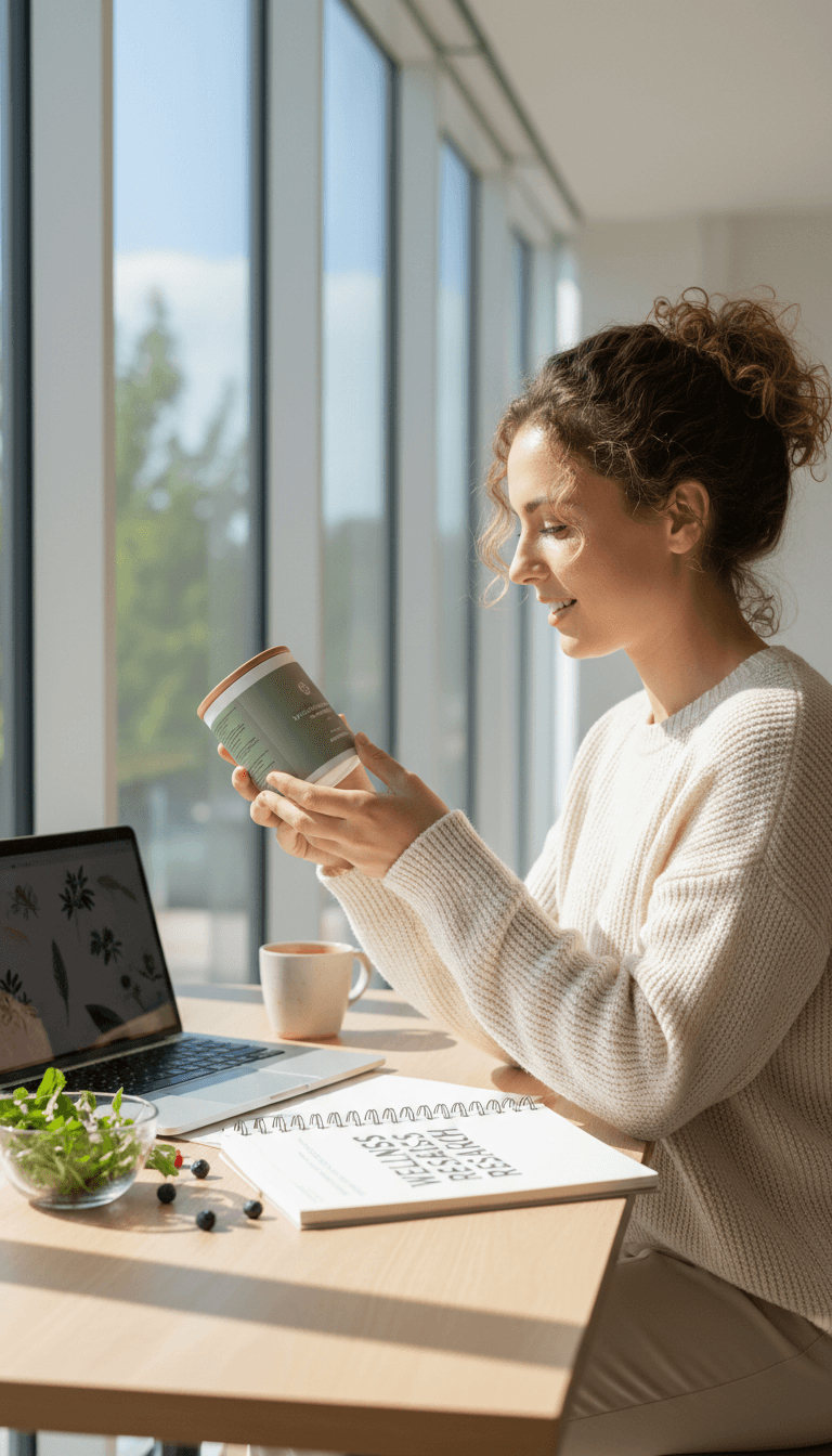 Person reviewing wellness products in a bright, professional workspace