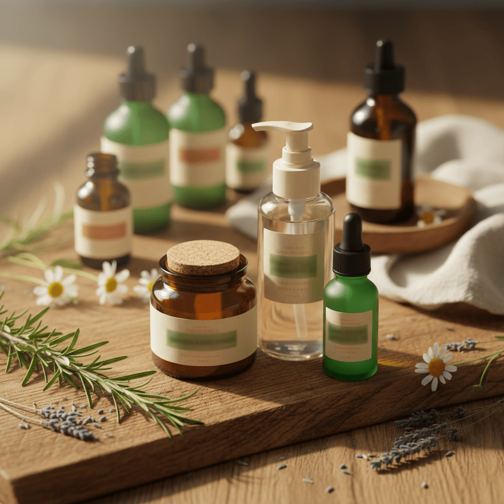 Health and wellness product bottles displayed on natural wood surface