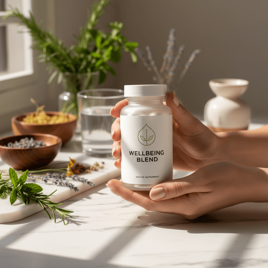 Premium supplement bottle with natural lighting